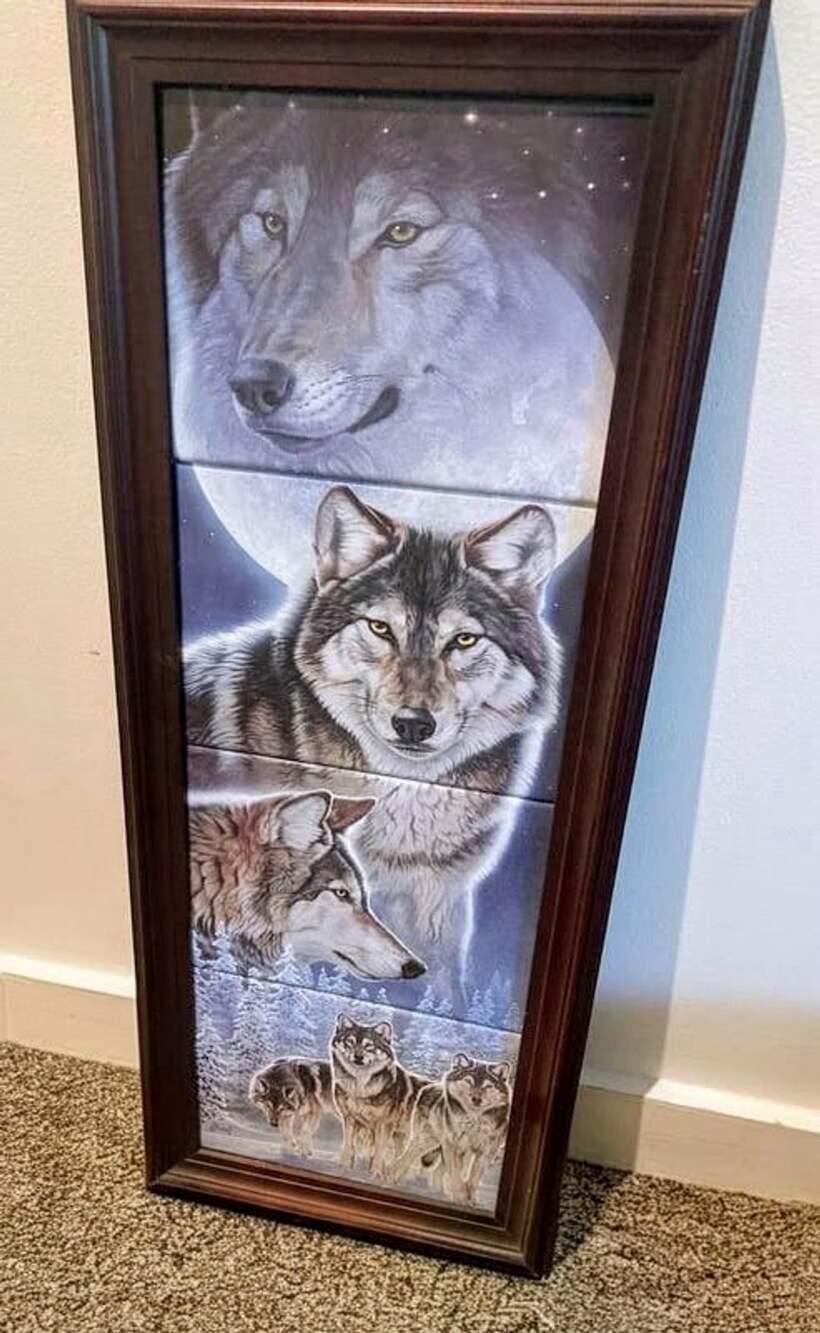 Set of 4 Spirits of the Night Al Agnew Vertical Wood Frame Wolf Plate Set Collec